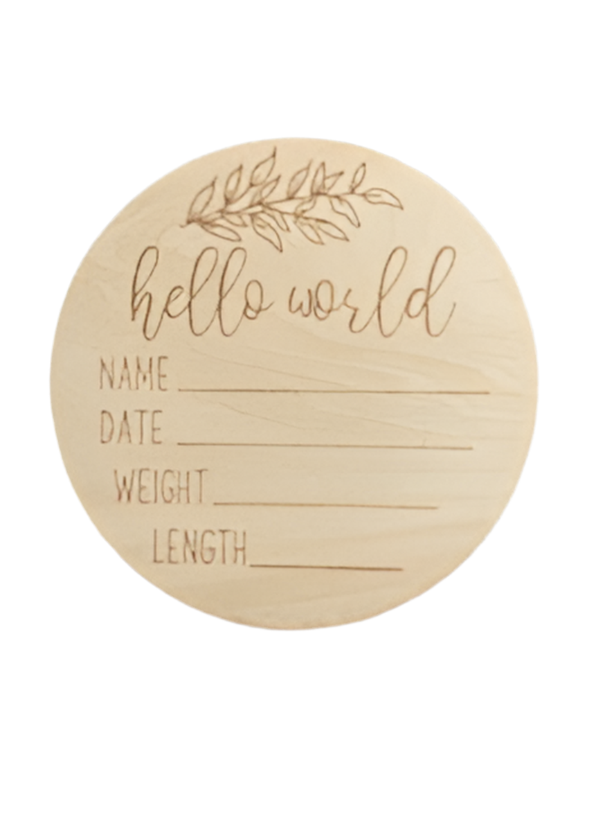 Hello World birth announcement disc